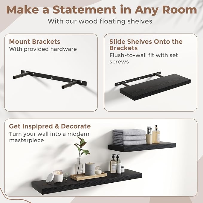 8 Inch Floating Shelves for Wall with Invisible Brackets Set of 3, 8"D Engineered Wood Wall Shelves with Wood Grain for Living Room, Bedroom, Bathroom, Kitchen Decor and Storage, Black Finish
