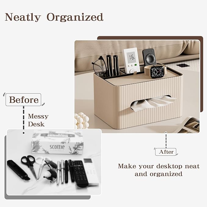 KINGFOM Leather Tissue Box Cover with Storage Tray, Decorative Tissue Box Holder Organizer for Office Desk, Bedroom & Nightstand, Remote Control Holder for Perfume, Watch, Glasses, Pens (Mocha Beige)