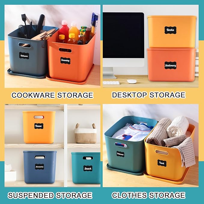 Tanlade 8 Pcs Plastic Storage Bins Stackable Baskets with Lid and Handle Colorful Desktop Storage Box Cubby Containers for Shelf Bedroom Office, Include 1 Erasable Marker, 16 Stickers (14 x 10 x 9 In)