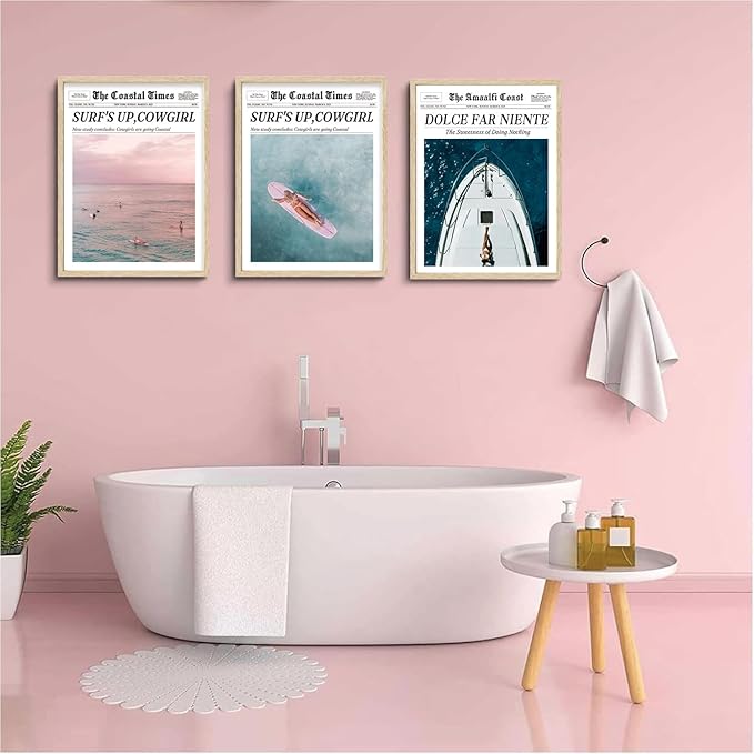 Bwodke OAK Wood Framed Wall Art Coastal Trendy Cowgirl Canvas Art Vintage Newspaper Pictures Wall Decor Surfer Up Vintage Bar Cart Prints Trendy Artwork for Girly Dorm Bedroom 12"x16"