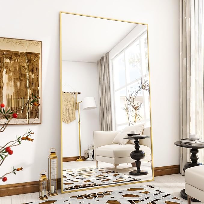 VooBang Large Full Length Mirror 78" x 35" - Shatterproof Huge Floor Full Body Mirror with Metal Frame, Freestanding, Wall Mounted, or Wall Leaning for Bedroom, Living Room, Dressing Room, Gold