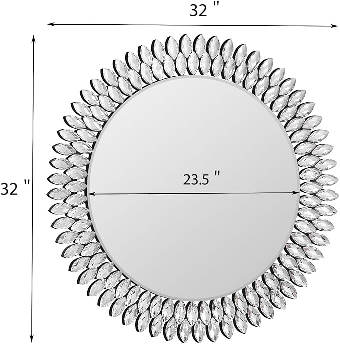 32 Inch Round Mirrors for Wall Decor, Luxury Diamond Entryway Mirrors for Wall, Silver Decorative Mirror for Living Room, Bedroom, Bathroom, Dining Room, Fireplace