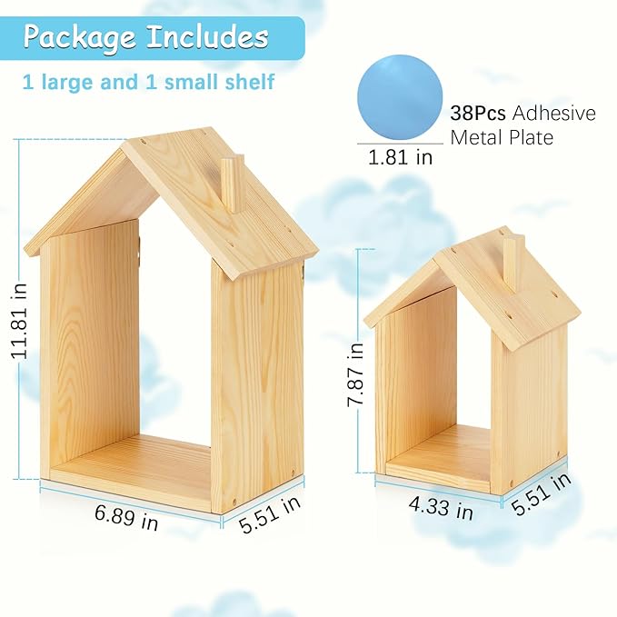 for Tonies Shelf Magnetic - for Tonies Figure Organizer Kids Room, Wooden Display Shelf for Tonies Box Holder, Wall Floating Shelves Toy Storage, House Shape Set of 2 with 38Pcs Adhesive Metal Plate