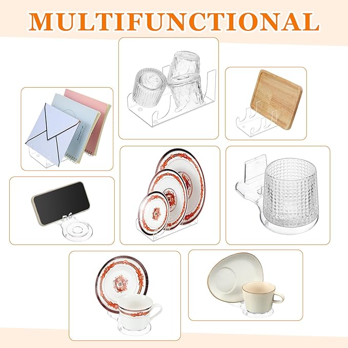 Teenyyou 12 Pcs Acrylic China Display Stand Set Include 6 Clear Rectangular Acrylic Dinnerware Display Shelves 2 Pcs 3 Tier Plate China Stand 4 Teacup Saucer Rack for Tableware Organizer Candy Dessert