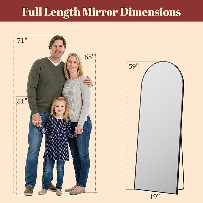 Suidia 59"x18" Arched Full Length Mirror with Stand, Full Body Mirror with Aluminum Frame, Freestanding/Leaning/Wall-Mounted, Floor Mirrors for Bedroom, Living Room, Entryway, Dressing Room, Black