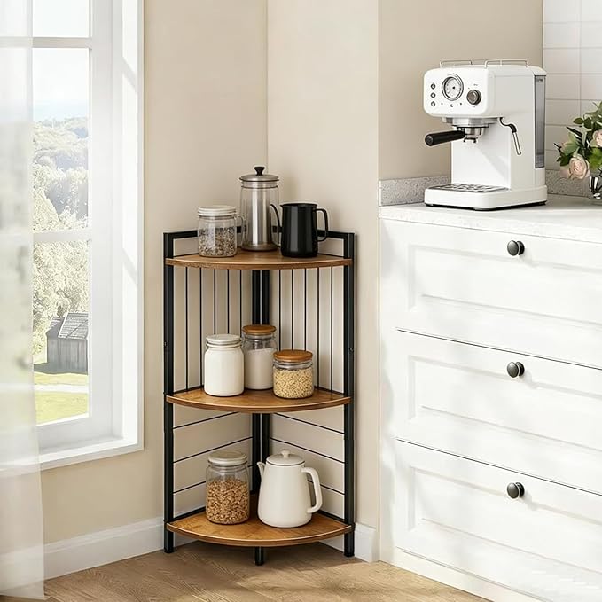 Corner Shelf Stand 3 Tier Small Bookshelf Display Storage Unit with Metal Frame for Bathroom Bedroom Kitchen Living Room Home Office, Rustic Brown and Black