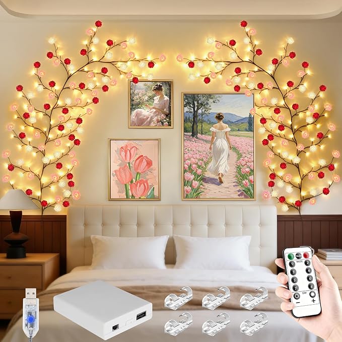 FNHMSL Rose Blossom Enchanted Willow Vine Lights, 7.55FT 144LED 3 Color Rose Blossom Tree Branch Lights for Wall, Remote Timer,8 Light Model,Bedroom Wall Doors Wedding, Christmas, USB Battery Box