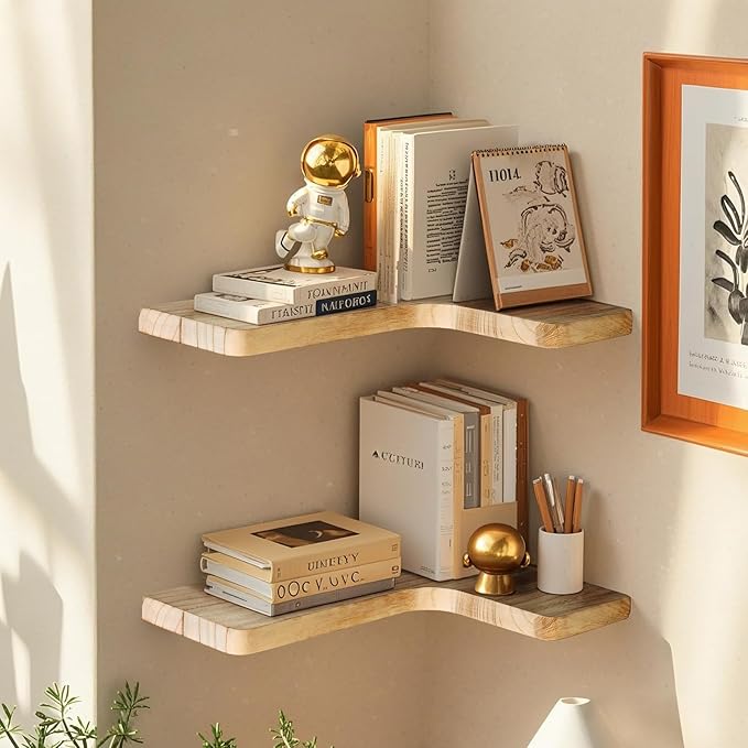 Floating Corner Shelves, Wall Shelf Set of 3, Shelves for Wall Storage, Solid Wood Shelves for Storage, Wall Mount Wooden Display Shelf for Bathroom Bedroom Kitchen Garage (Light 3Pcs)