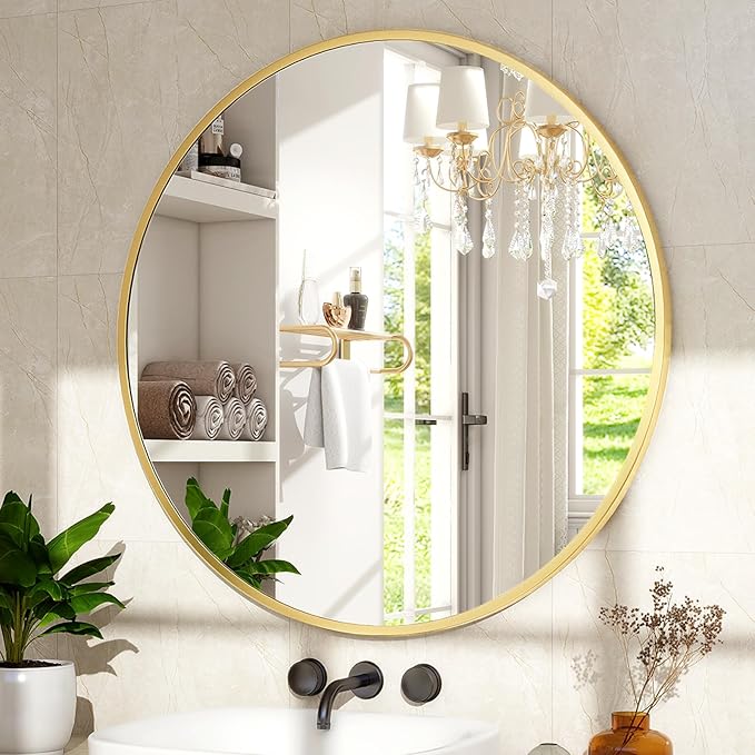 XRAMFY 24 Inch Round Mirror - Circle Mirrors for Bathroom, Entryway and Living Room Wall Decor, Modern Hanging Vanity Mirror, Matte Gold Circle Decorative Wall Mirror