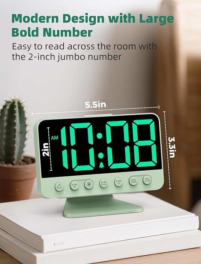 Odokee Digital Alarm Clocks for Bedrooms: Large Bold Number 5 Brightness Dimmer - Easy to Read Across The Room - 5 Alarm Sound 8 Night Light - Sage Green