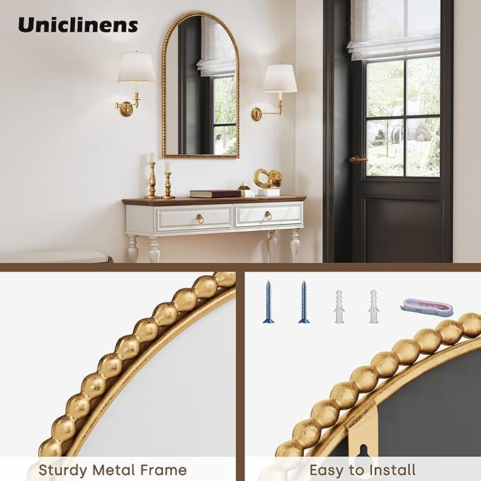 Gold Beaded Arch Wall Mirror - Large Arched Mirror Wall Decor 36"X24" with Metal Frame, Ideal for Entryway, Fireplace, Living Room, Hallway, Bathroom