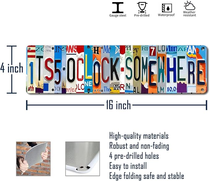 Bar Signs For Home Bar Decor Its 5 O'Clock Somewhere Funny Metal Tin Sign Outdoor Bar Accessories Vintage Surfboard Street Signs For Bedroom Wall Garage Decor It'S Five O'Clock Now Sign 4x16 Inch