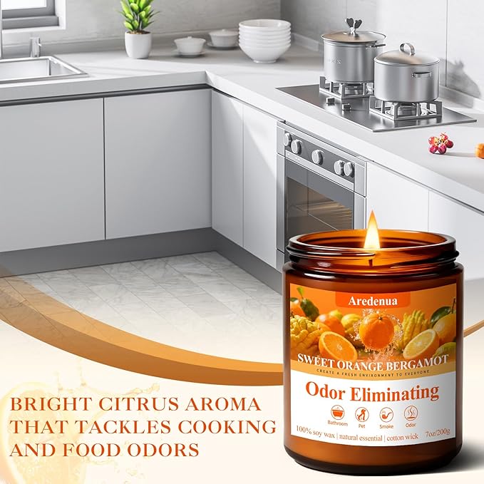 Sweet Orange Bergamot Odor Eliminating Candle | Eliminates 95% of Pet, Smoke & Bathroom Odors | 7oz Hand Poured Non-Toxic Soy Candle | Air Freshening Scented Candle for Positive & Relaxation