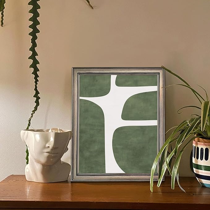 Vintage Framed Green and White Abstract Wall Art Mid Century Minimalist Contemporary Painting for Room Decor