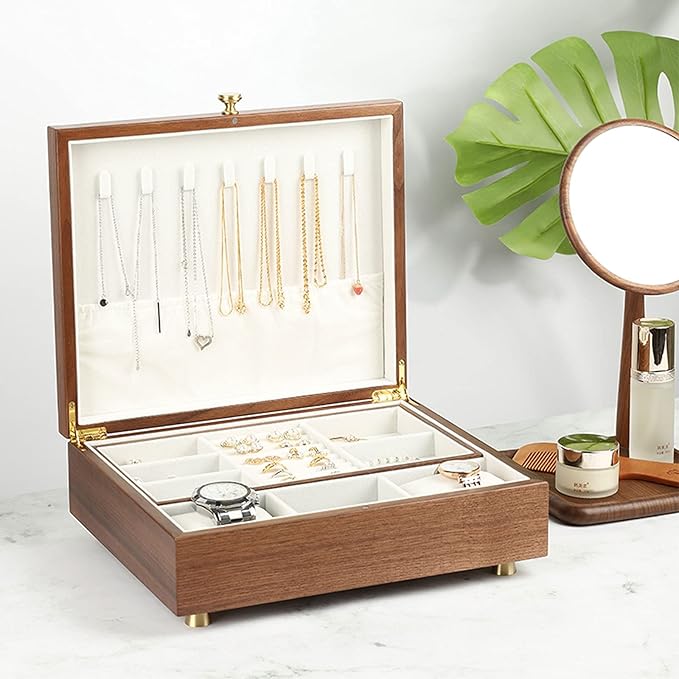 VSULZVNU Makeup Organizers Luxury Wooden Jewelry Box Organizer 2layer Jewelry Storage Case Gift Casket Earring Rings Necklace Jewellery Boxes Jewelry Case