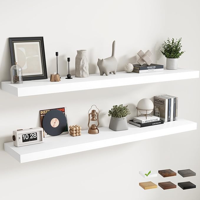 72 Inch Floating Shelves for Wall with Invisible Brackets Set of 2, 12"D Engineered Wood Wall Shelves with Wood Grain for Living Room, Bedroom, Bathroom, Kitchen Decor and Storage, White Finish
