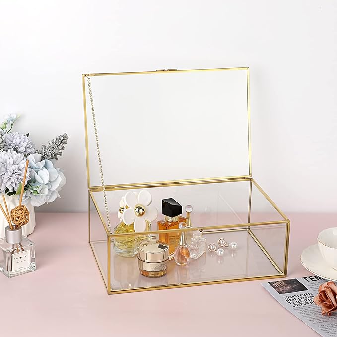 Hipiwe Vintage Glass Keepsake Box - Rectangle Jewelry Display Organizer, Vanity Lidded Home Decor Accent for Storage Trinket Rings Bracelet Rock - X-Large