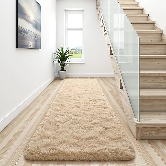 BENRON Soft Runner Rugs for Bedroom 2x8, Washable Long Runners for Hallway Entryway Kitchen Dorm, Fluffy Throw Rug for Kids Girls Room Decor Photo Prop, Light Tan