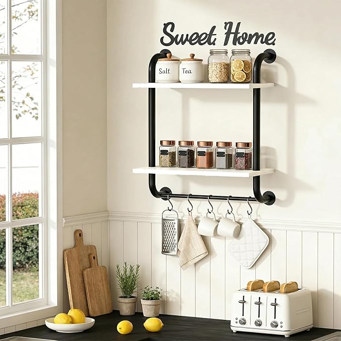 Tinpin Bathroom Shelves Wall Mounted, Rustic Farmhouse Pipe Shelves 2-Tier, Floating Shelf Wall Decor for Bathroom, Kitchen, Bedroom, Living Room Thanksgiving Day 17.3in White