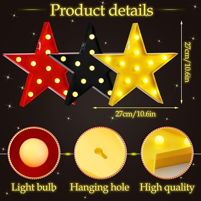 VIHOSE 3 Pcs Marquee Star Lights LED Star Signs Light up Movie Theater Decor Battery Operated Night Light for Gifts Birthday Party Home Movie Decor(Red,Black,Warm)