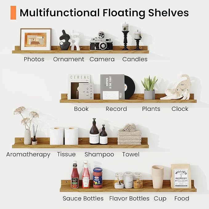 RICHFOCUS Picture Ledge Shelf, 40 inch Floating Shelves Set of 2, Wood Wall Shelves with Lip, Wall Decor Storage for Bedroom Living Room Bathroom Kitchen Nursery Photo Picture, Oak