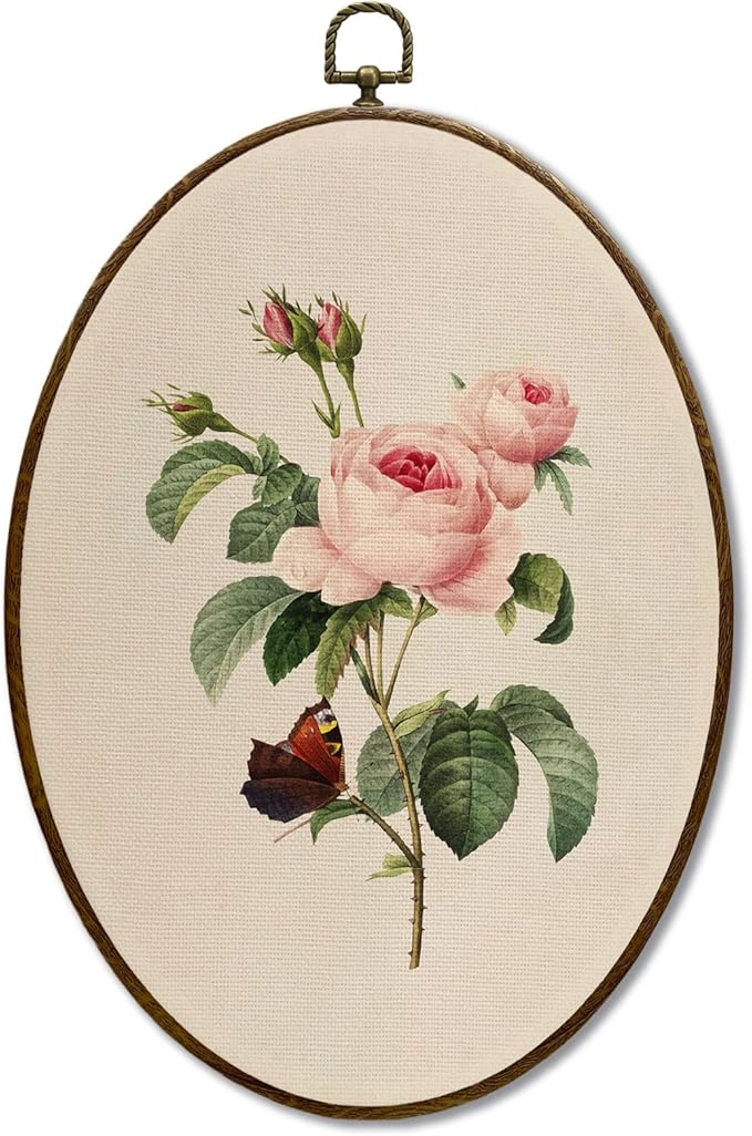 JQF Vintage Pink Rose Floral Oval Wall Decor, Rustic Farmhouse Country Oval Canvas Wall Art, Neutral Antique Botanical Flower Framed Prints Hanging Decor for Home Bedroom Living Room, 8.5x11.5 Inch