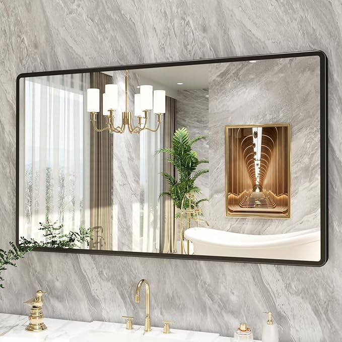 pertetey New Upgrade Bathroom Mirror, 50X30 Inch Black Metal Frame Wall Mounted Rounded Rectangle Bathroom Vanity Mirror with Tempered Glass for Washroom Bedroom Living Room