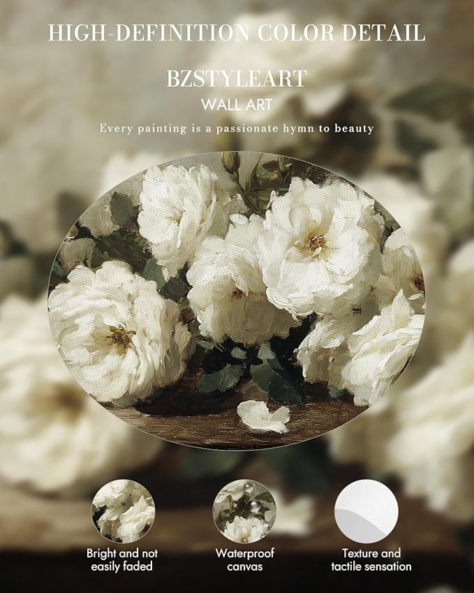 Bzstyleart Vintage Wall Art Decor for Living Room, Gold Framed Prints Flowers Wall Art Home Decor Aesthetic, White Rosebush Vintage Botanical, Canvas Picture Print Artwork Gift for Mom, 12 x 16 Inch
