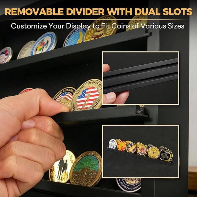 ASmileIndeep Military Challenge Coin Display Case Holder with HD Toughened Glass and Wall Mount, Wooden Coin Stand Rack with Removable 2 Grooves Shelves for Poker Chips Collectibles, Black…