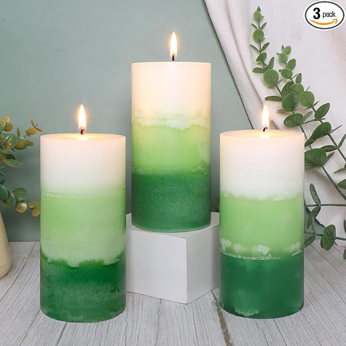 Pillar Candles 3x6 Inch Eucalyptus Scented Hand-Poured 3-Layers Green Gradient Decorative Candle Long Burning Candle for Home Scented Relaxation Spa Holiday Dinner Table, Set of 3