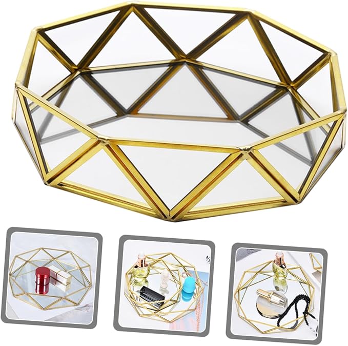 PRETYZOOM Geometric Mirror Glass Tray for Jewelry Storage Decorative Makeup Organizer Perfume Tray