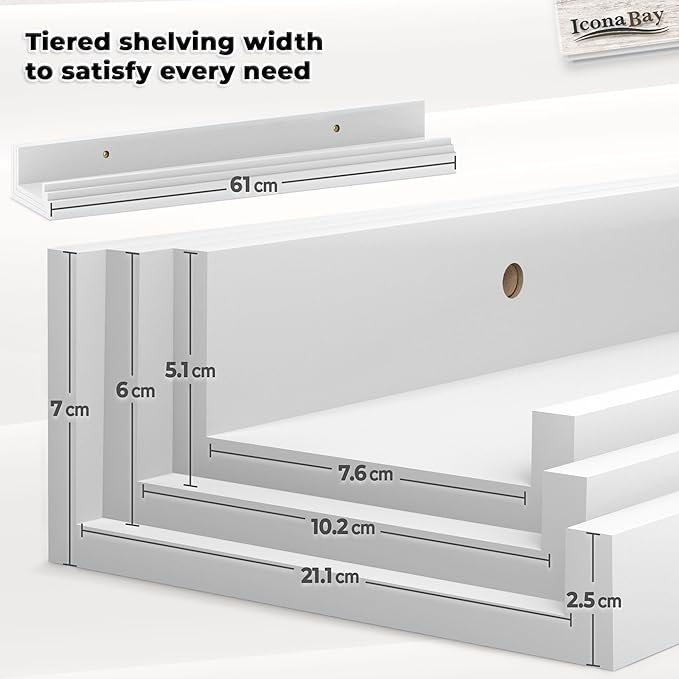 Icona Bay 24 Inch Floating Shelves for Wall - Set of 3 in Powder White - Modern Rustic Style - Wall Mounted Display Shelves - Picture Ledges