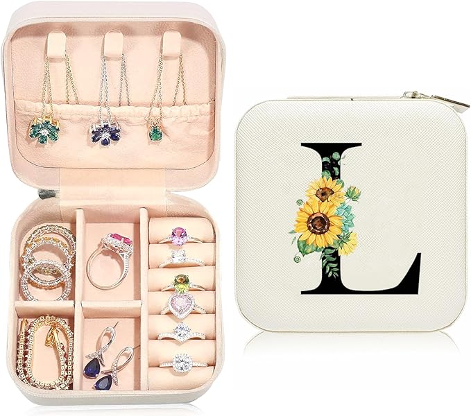 Sunflower Jewelry Case,Sunflower Gifts for Women,Initial L Travel Jewelry Box,Valentine's Day Gift Easter Personalized Gifts for Teen,Mom,Wife,Bridesmaids,21st Birthday Gift for Her