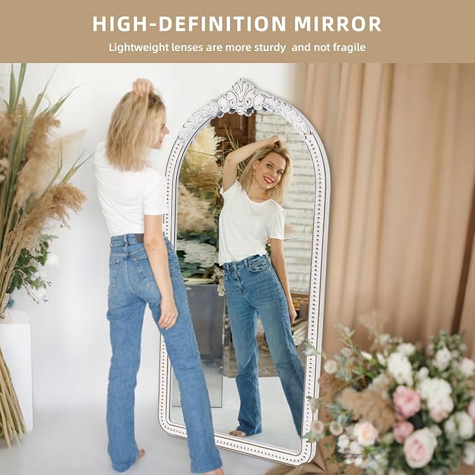Farmhouse Full Length Mirror - 47x24 Inches Antique White Baroque Wooden Arched Wall Mirror, Vintage Ornate Beaded Decorative Mirror for Mantel, Living Room, Bedroom