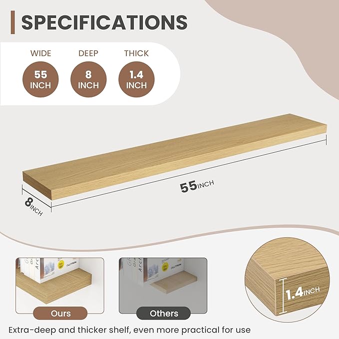 Acovy 55 Inch Floating Shelves, 8 Inch Deep Floating Shelves for Wall, Hanging Shelf with Invisible Brackets, Deep Shelves for Bathroom, Bedroom, Living Room, Oak, Set of 2