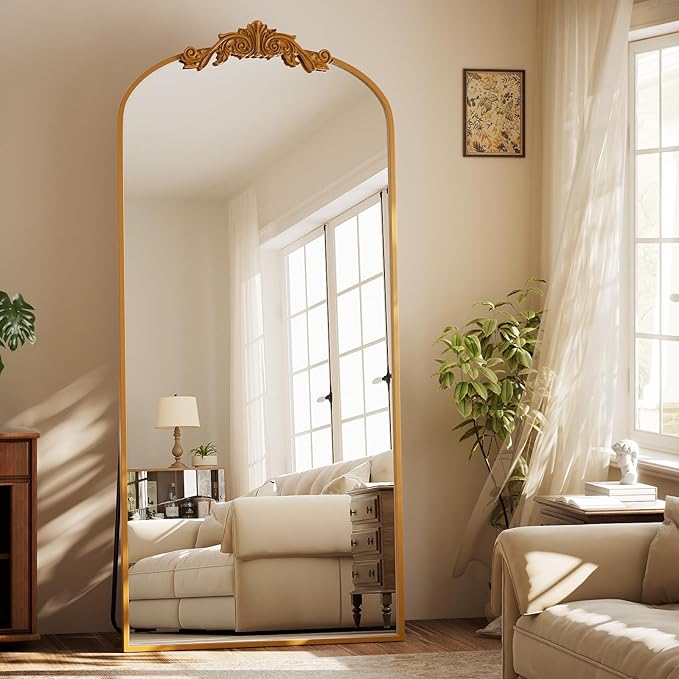 GLSLAND 71"x 32" Gold Vintage Arched Full Length Mirror - Large Carved Standing Floor Mirror with Metal Frame for Bedroom/Living Room/Entryway