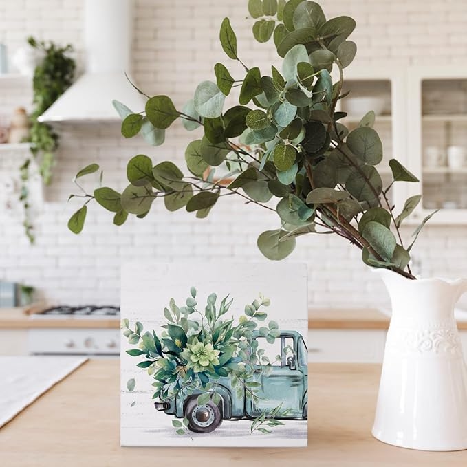 Farmhouse Spring Eucalyptus Leaves Wooden Box Sign Decor, Botanical Truck Wooden Block Plaque Sign Decoration for Shelf Table Farmhouse Tiered Tray Decor, 5x5