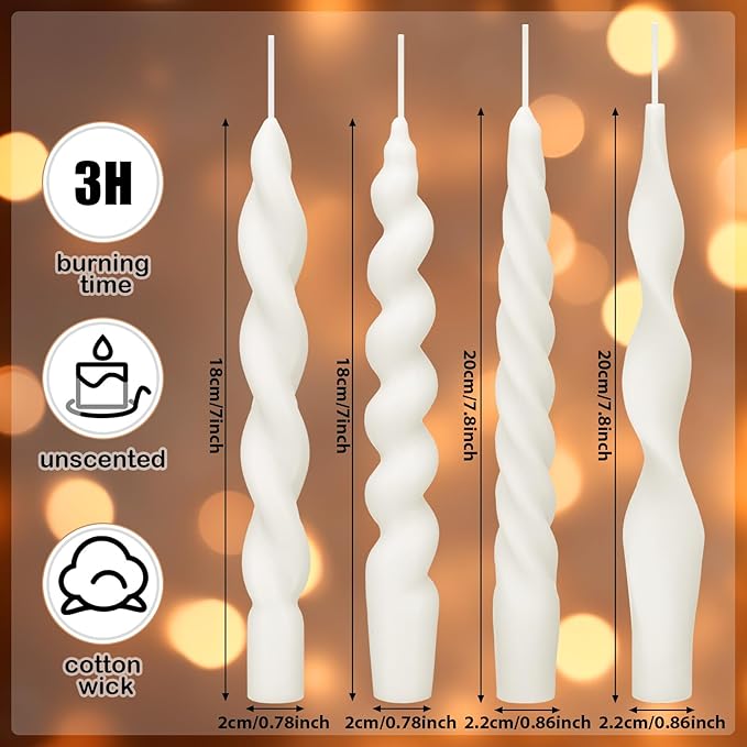 Nuanchu 4 Pcs Twisted Taper Candles Wax Unscented Smokeless Spiral Swirl Candlesticks for Wedding Holiday Dinner Party Home Decorations(7.87 Inch,Pure,White)