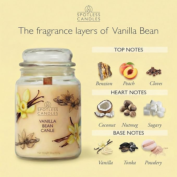 Candle Vanilla Bean 22oz with Wooden Wick in a Presentation Gift Box & Protective Shipper - Vanilla Scented Candles - Large Jar Candles