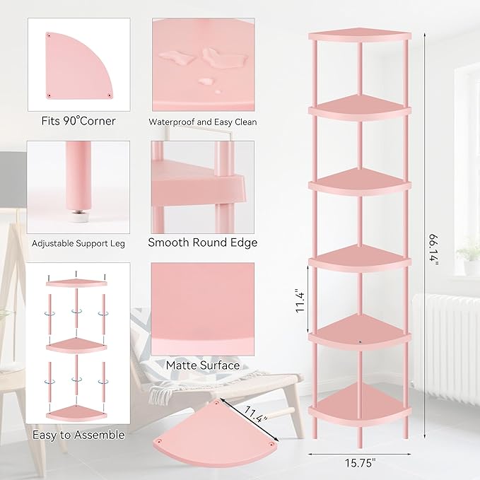 Qupui 6 Tier Corner Shelf Stand, 66” Tall Corner Bookshelf Multipurpose Shelving Unit, Plant Stand Display Rack Home Organizer Shelves for Bedroom Living Room, Pink