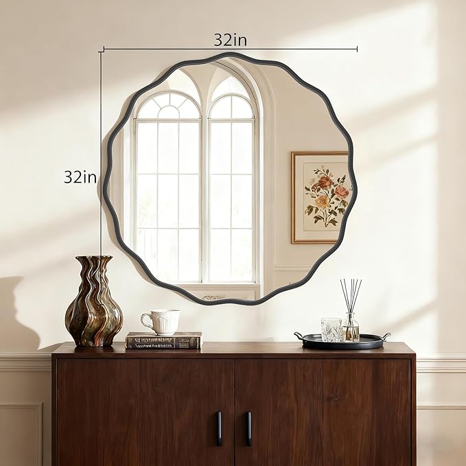 HOMECOOKIN 32 Inch Wavy Round Wall Mirror, Round Wavy Wall Mirror with Aluminum Frame for Bathroom Upgrades, Hotels, Dressing Tables,Farmhouses