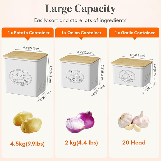Lifewit Potato and Onion Storage Bin, Stackable Garlic Keeper with Aerating Holes and Lid, Plastic Vegetable Container Box for Pantry Countertop, White, 24 x 18 x 24 cm/9.5 x 7 x 9.5 inch, Set of 3