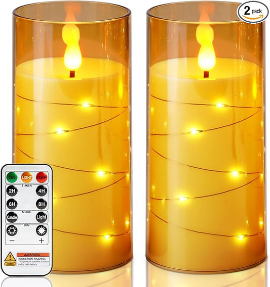 Homemory Flameless Candles with Embedded Star String Fairy Lights, Battery Operated Candles, LED Candle, Fake Candles with Remote Control and Timer, Gold, Set of 2(H 6" 6")