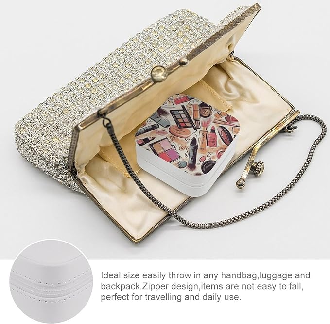 Cosmetic And Makeup Theme Pattern Jewelry Box Portable Mini Travel Case Display Storage Holder Boxes PU Leather Small Jewelry Organizer for Women for Stud Earrings Rings Necklaces Bracelets