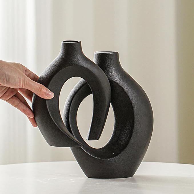 Lvases Snuggle Hollow Modern Ceramic Vase Set of 2, Mid Century Nordic Aesthetic Decorative Vase Decorative Vases for Home Table Decor (Matte Black W 6.3" X H 8.4")