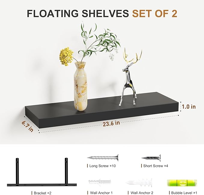 Bellsal 2-Pack Black Modern Floating Shelves, 24" Wall Mounted, Set of 2 Wooden Wall Shelf for Kitchen, Living Room, Bedroom, Bathroom Storage