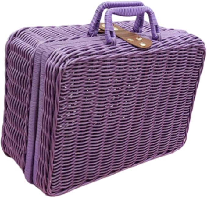 Woven Suitcase Imitation Rattan Storage Basket Gift Box Rustic Picnic Suitcase Handwoven Storage Case for Travelling Bathroom, Violet XL