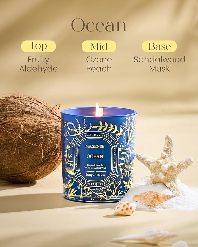 M&SENSE Ocean Scented Candle, Natural Soy Wax Non-Toxic Candles for Home Scented, Clean Burn, 55 Hours Slow Burning 10.3oz, Fresh Relax Spa Home Fragrance House Decor