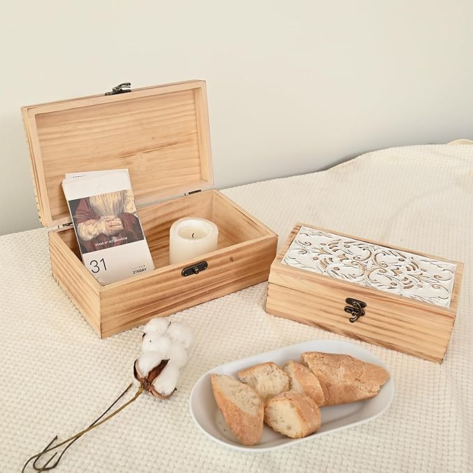 DECOR4SEASON Wooden Storage Box Set of 2 - Hand Carved Floral Decorative Boxes with Hinged Lids - Solid Pine Keepsake Organizer for Jewelry, Photos, and Rustic Farmhouse Home Décor
