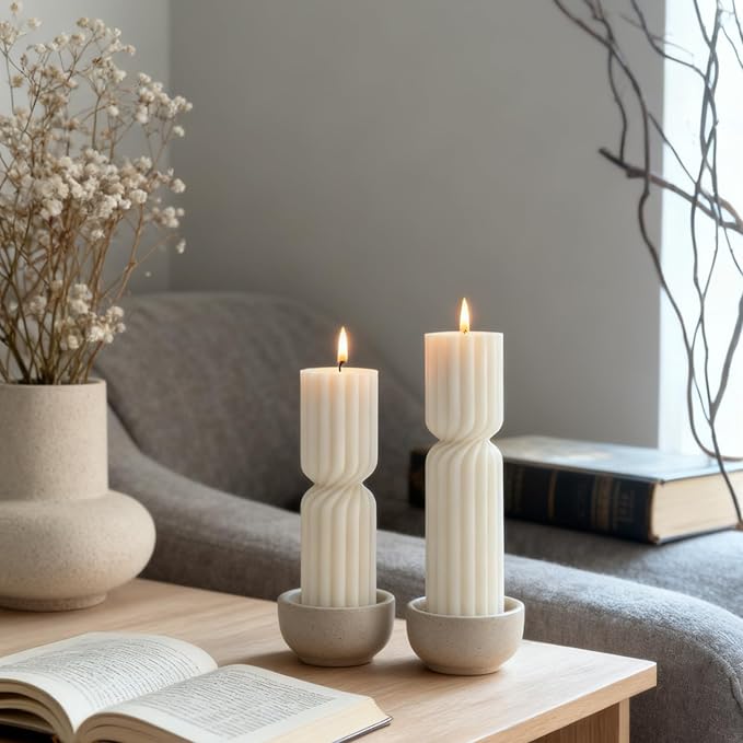 Set of 2 Ribbed Pillar Candles Handmade Soy Wax Scented Ribbed Candles,Hourglass Pillar Candle,Wax Elegant Bubble Natural Aesthetic Candle Housewarming Gift Home Room Shelf Decor Idea(White)